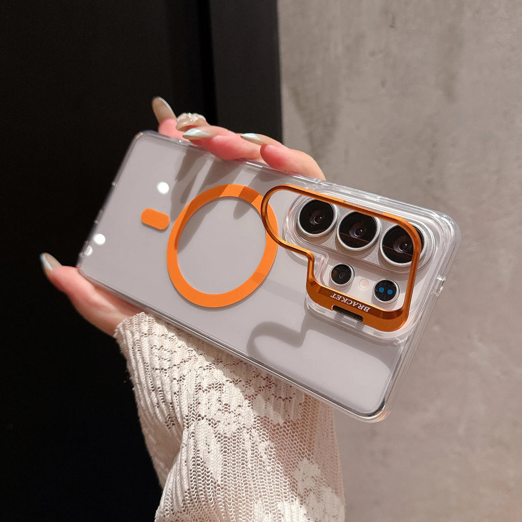 Lens Stand Magnetic Phone Case For Samsung Galaxy S22 S23 S24 S25 S26 Ultra Plus Acrylic Back Panel TPU Soft Frame Phone Cover