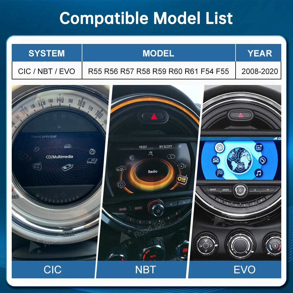 RoadTop Wireless CarPlay Android Auto for Mini R55 R56 R57 R58 R60 R61 F54 F55 F56 Clubman Countryman Cooper John Cooper Works CM World