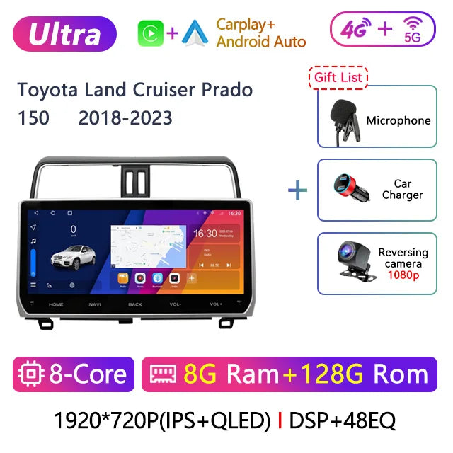 12.3" 2 Din Android Car Radio Multimedia DVD Player For Toyota Land Cruiser Prado 150 2018-2023 Navigation GPS Carplay Head Unit CM World