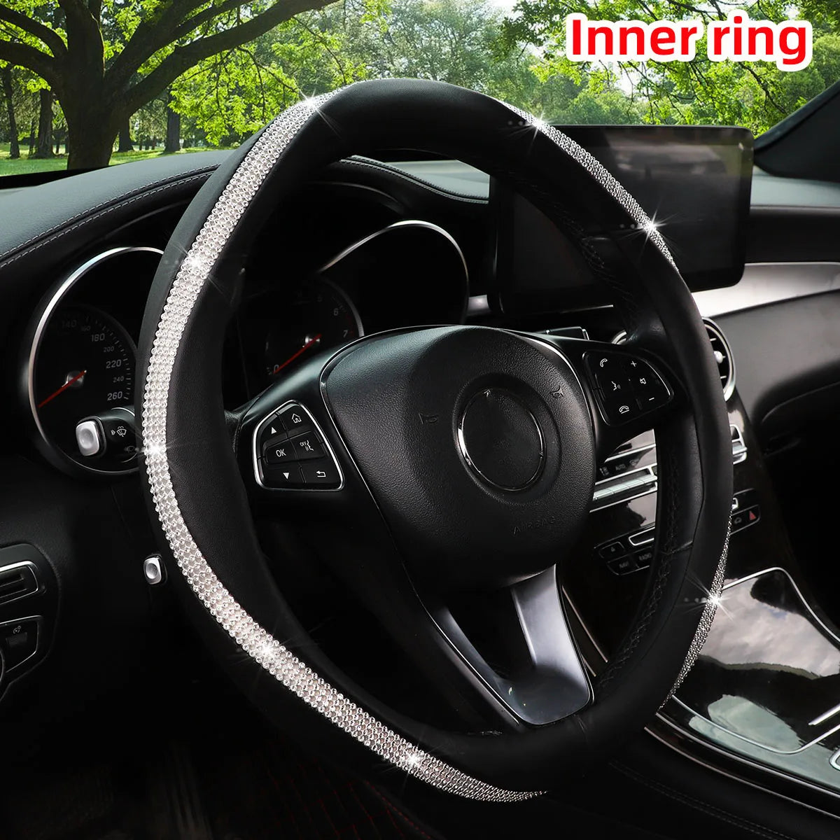 Women's PU Leather Car Interior Wheel Cover with Flashing Mesh Rhinestones for 14.5-15 Inch Car Accessories CM World