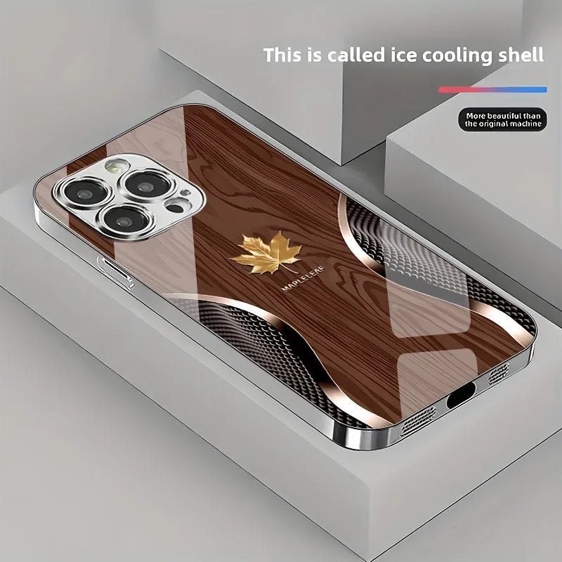Gold Maple Leaf Wood Grain Curve Pattern Phone Case For iPhone 17 16 15 14 13 12 11 Pro Max Plus 16E 17 Air Tempered Glass Cover