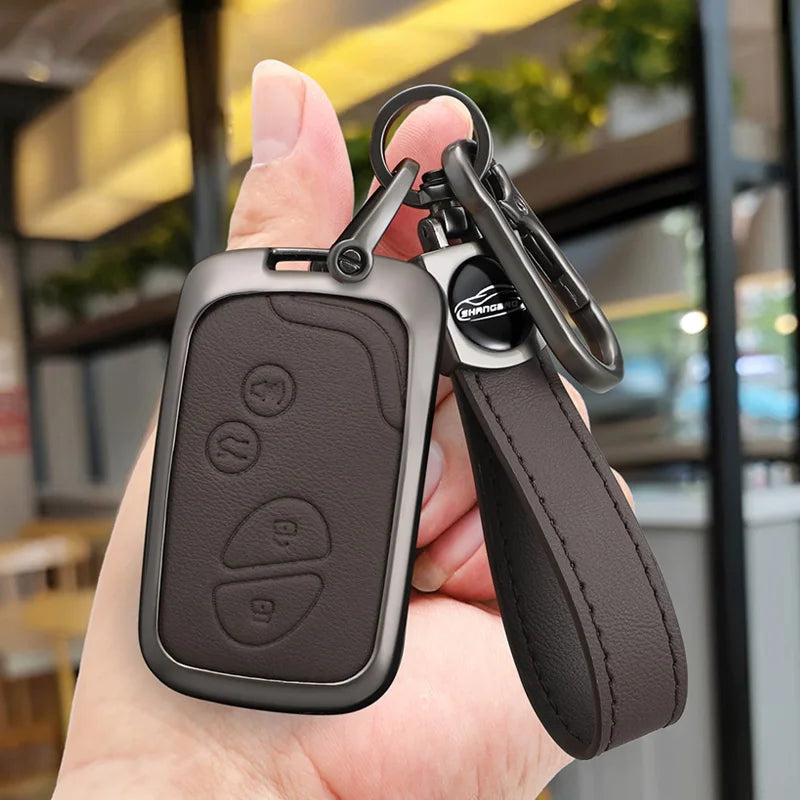 New zinc alloy leather key pouch, full-wrap smart car remote key protective case with keychain suitable for Lexus CT200H/RX270