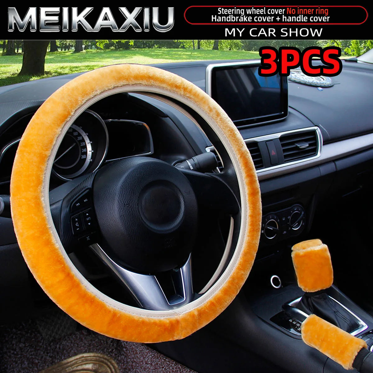 3PCS winter black and pink plush warm car non-ring steering wheel cover, handbrake cover, gearshift cover, women's style