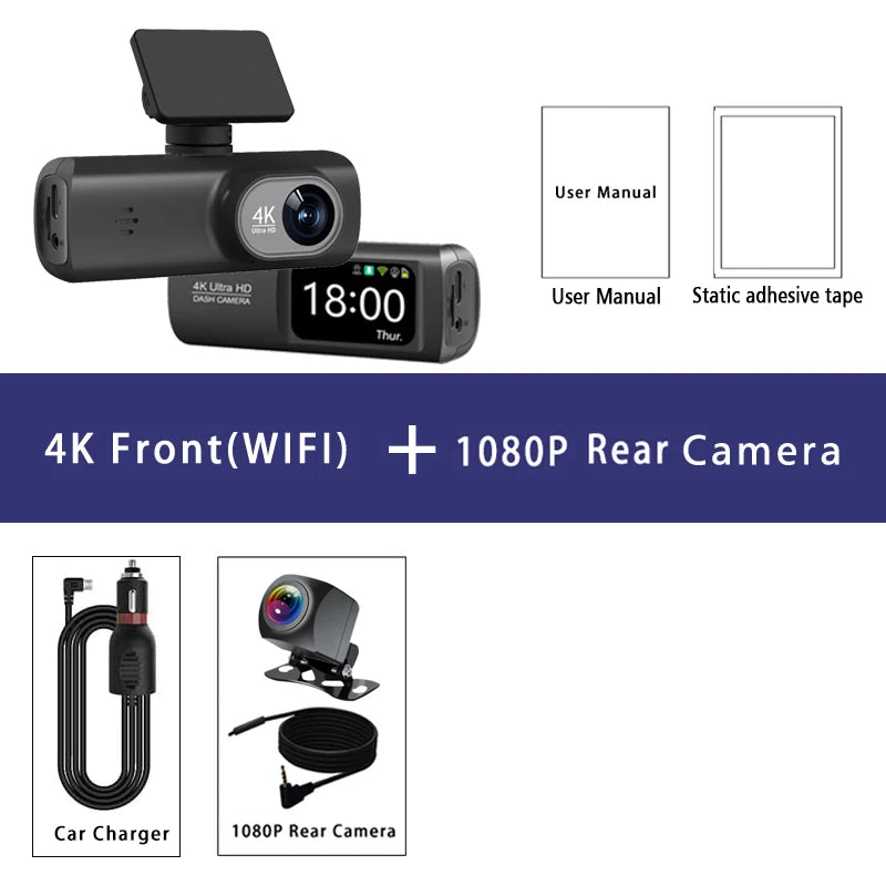 Dash Cam 4K 3840*2160P WIFI Car DVR Front and Rear Dual Lens Auto Car Camera With Night Vision Dashcam 24H Parking Monitor Car Mobile World