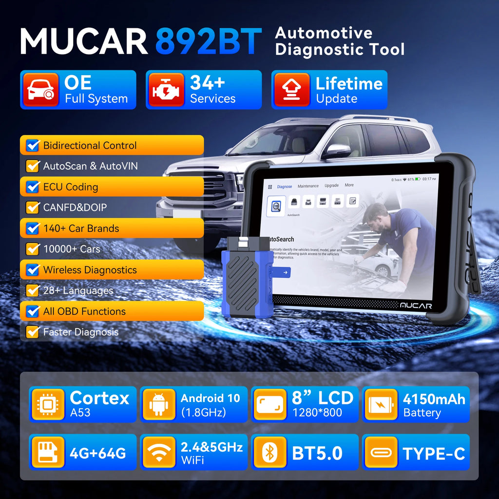 MUCAR 892BT AI Automotive Diagnostic Tool Key Programming TKEY 101 Bi directional ECU Coding Obd2 Scanner CANFD DOIP 35 Resets