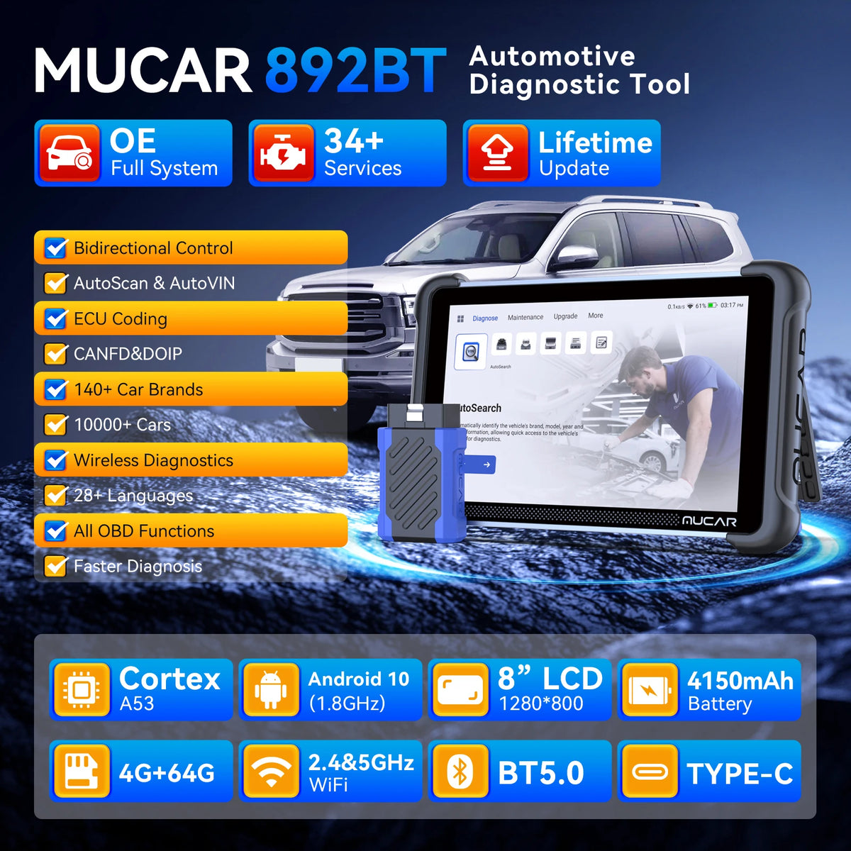 MUCAR 892BT AI Automotive Diagnostic Tool Key Programming TKEY 101 Bi directional ECU Coding Obd2 Scanner CANFD DOIP 35 Resets