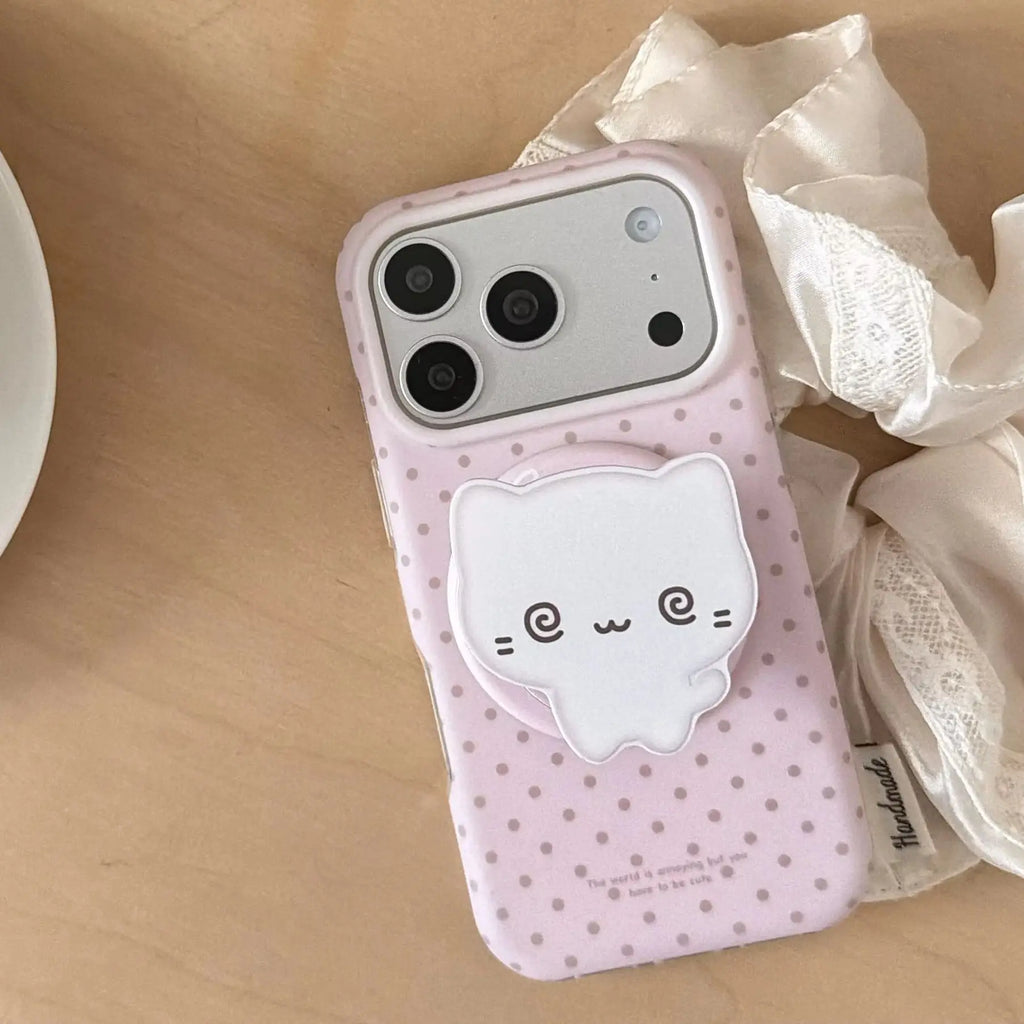 Cute Simple Wave Point Pattern Matte Pink Protective Cover Case For iPhone 17 16 15 14 Pro Max with Cat Magnetic Holder