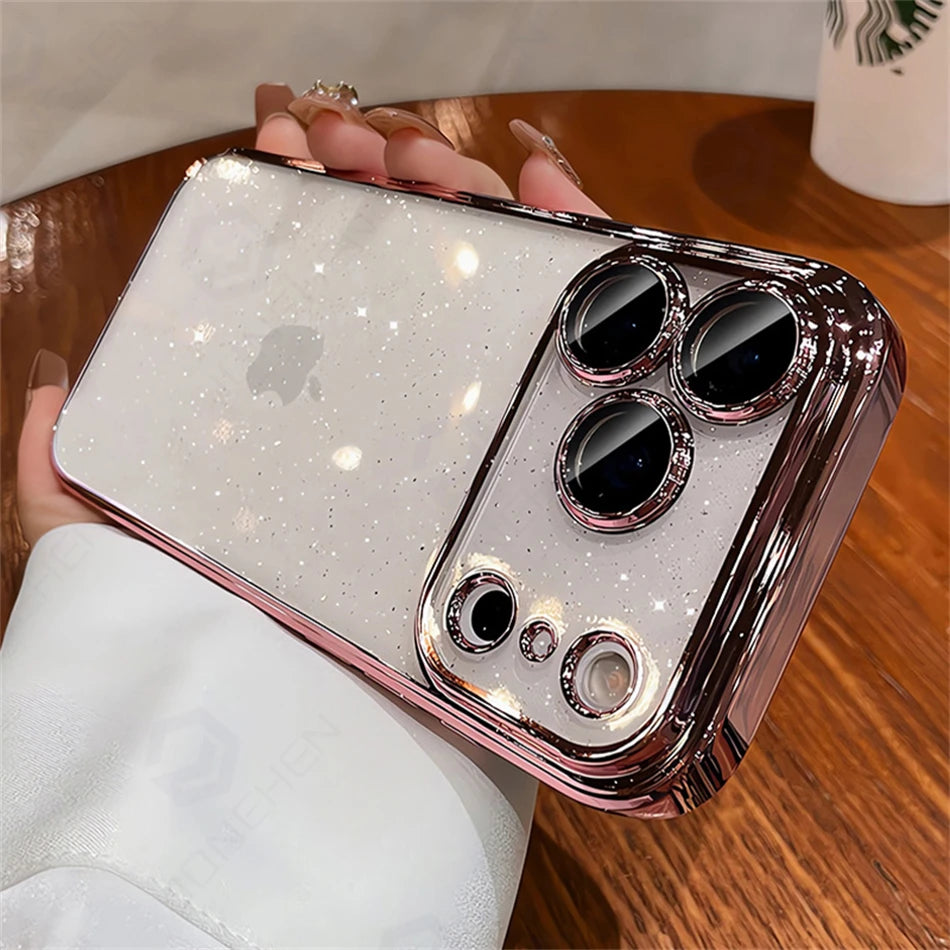 Luxury Transparent Glitter Clear Slim Case For iPhone 12 13 14 Plus 15 16 17 Pro Max Orange Pating Bumper Lens Glass Hard Cover Car Mobile World