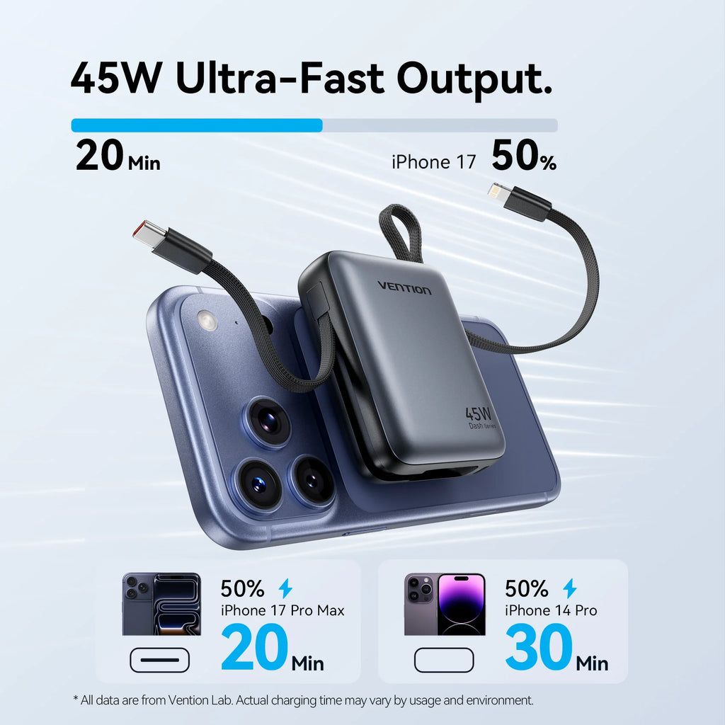 Vention 45W 10000mAh Power Bank Built-In USB-C Cable Portable Powerbank for iPhone 17 Samsung S26 Pocket-Sized Auxiliary Battery Car Mobile World