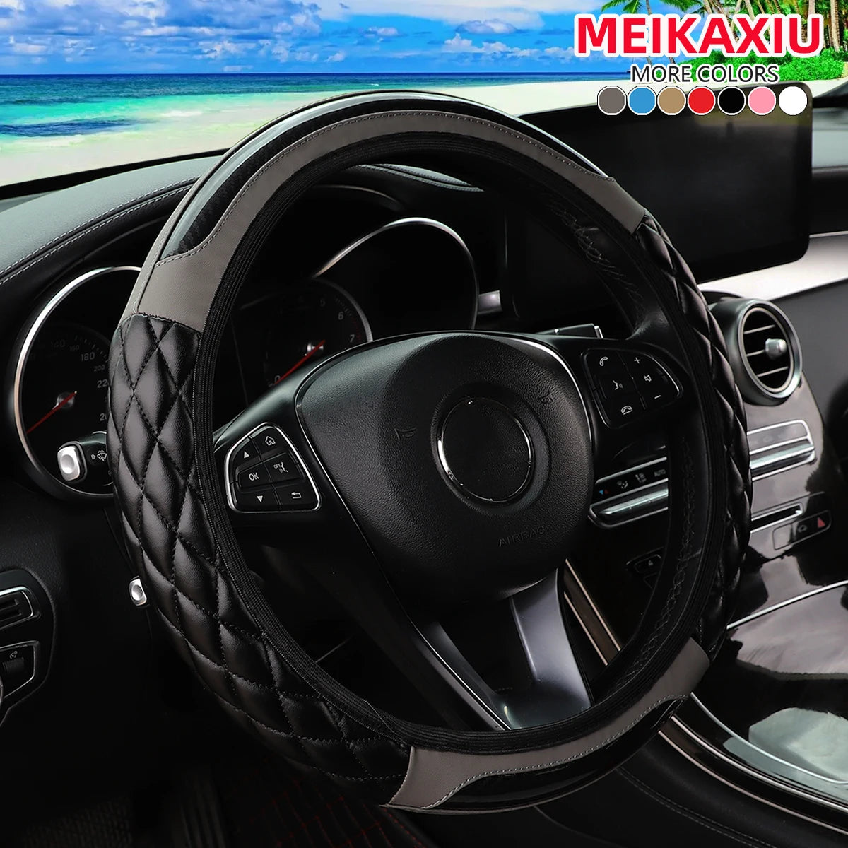 PU Soft Leather Crystal Carbon Fiber Embroidered Car Rimless Steering Wheel Cover for 14.5 - 15 Inch Car Interiors
