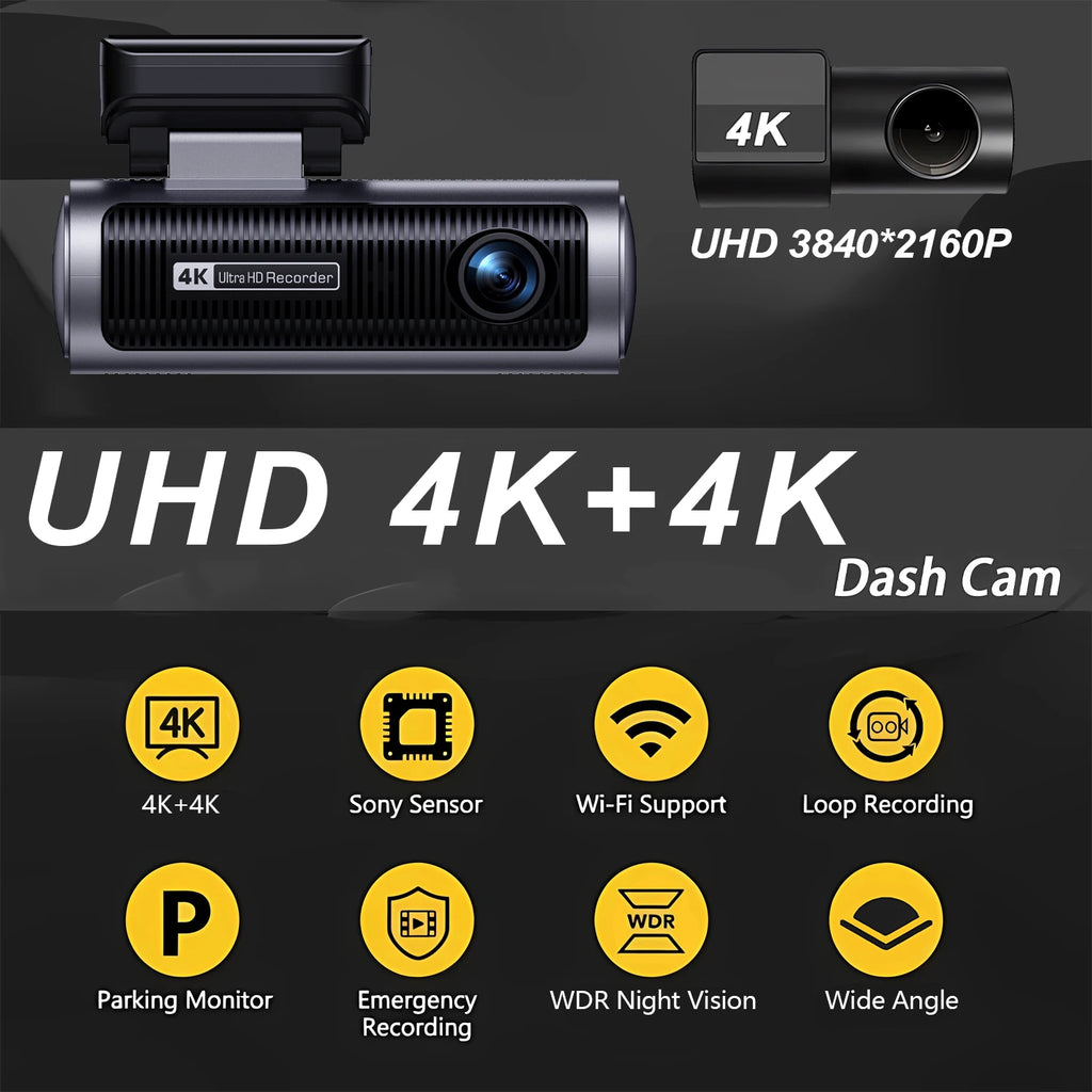Dual Lens 4K+4K Dash Cam Recording Car Camera DVR Night Vision Video Recorder Built-In 5G Wi-Fi Support GPS Dashcam 24H Parking