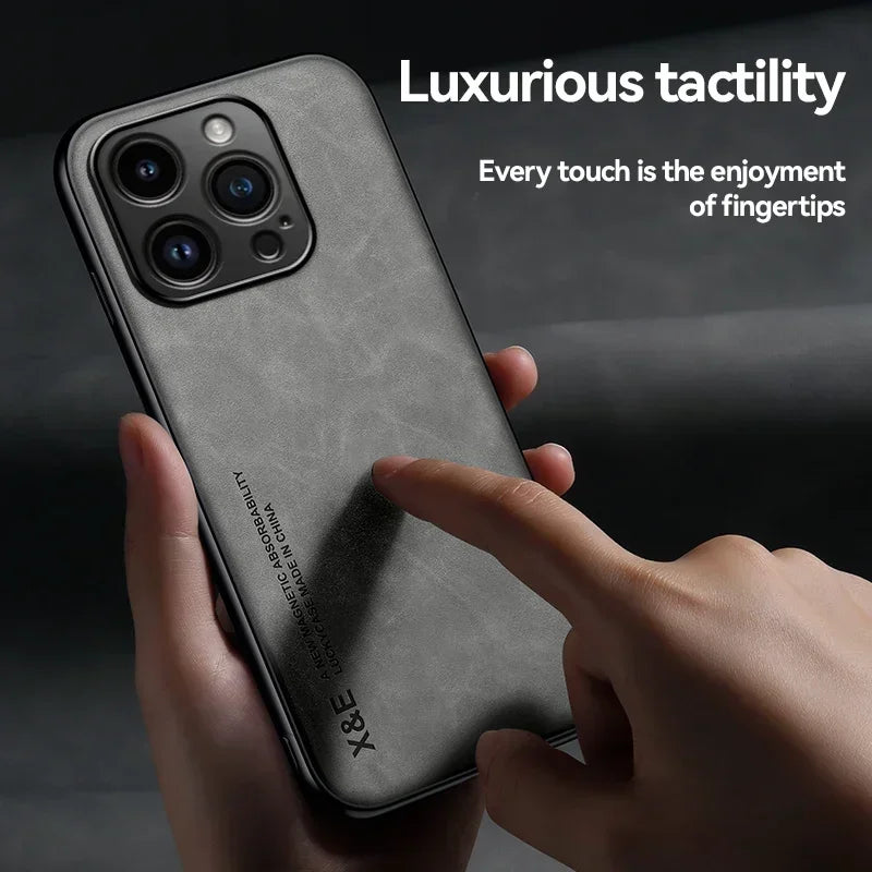 Luxury Leather Case For iPhone 17 16 16e 15 14 13 12 11 Pro Max Plus 12 13 Mini SE 8 7 Cover With Metal Plate Support Car Hold Car Mobile World
