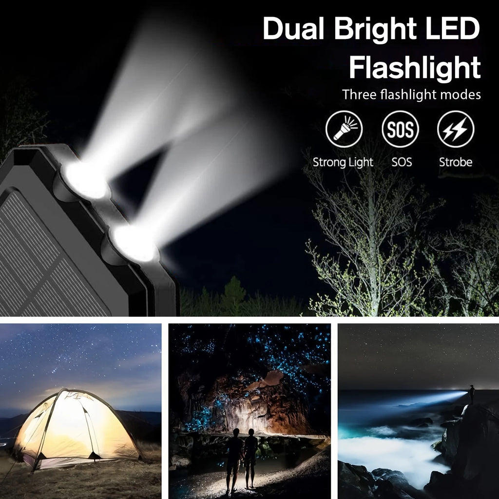 30000mAh Portable Solar Power Bank External Battery Waterproof Dual 5V 1A USB Ports LED Flashlight for iPhone Samsung Tablets Car Mobile World