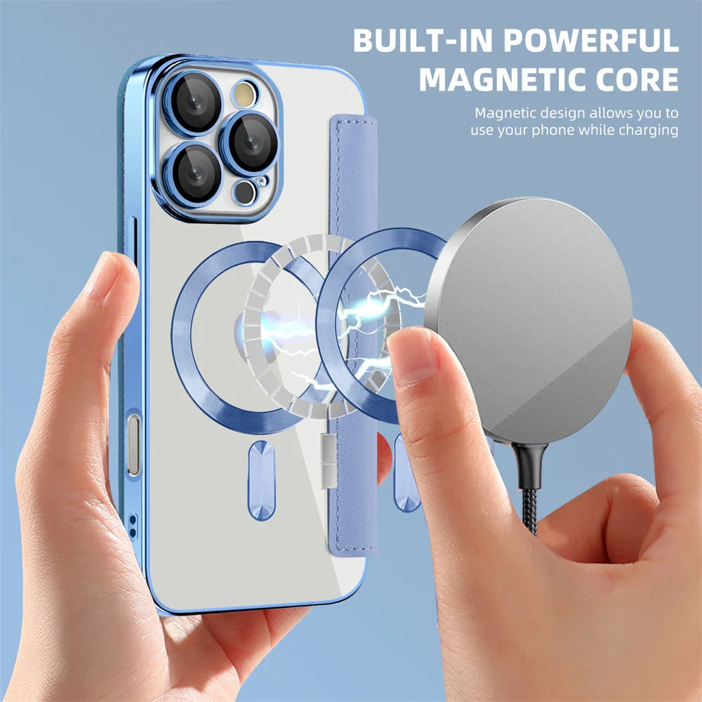 Luxury Transparent Flip Leather Wallet Magnetic Phone Case For iPhone 15 16 17 18 Pro Max 14 13 12 11 Card Bag For Magsafe Cover
