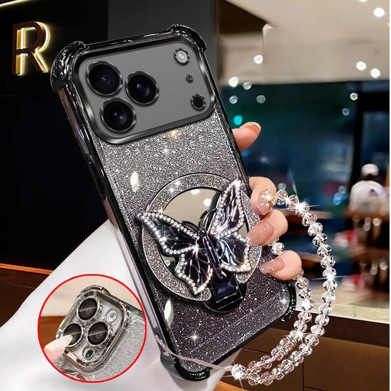 Glitter Butterfly Mirror Crystal Bracelet Case for IPhone 17 Air 16 16E 15 14 Plus 13 12 11 Pro XS Max XR X  Shockproof Cover