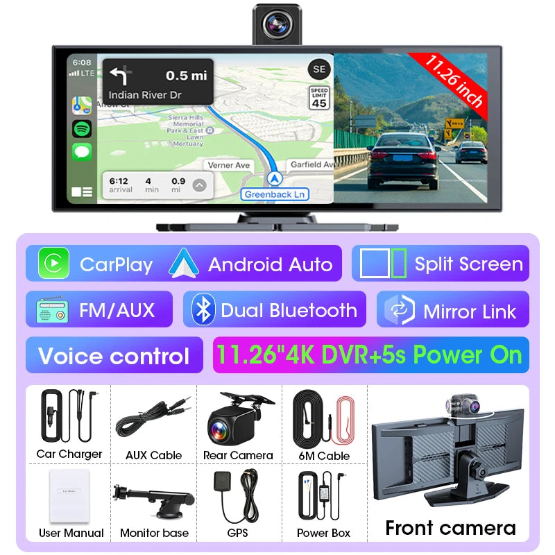 11.26 inch Dash Cam Car DVR 4K Camera Wireless Carplay Android Auto Touch Screen Dual Len Video Recorder Dashboard BT FM AUX GPS Car Mobile World