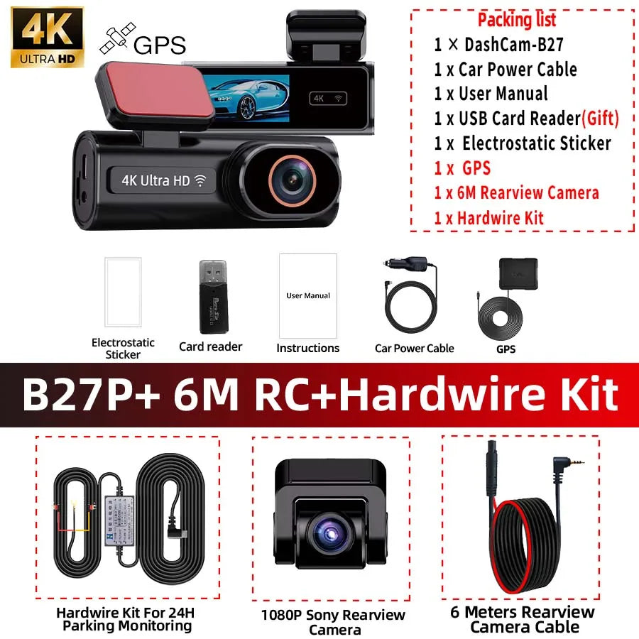 ACCEO Dash Cam WIFI GPS Mini CAR DVR Front 4K And Rear 1080P Dual Lens Black Box Room Camera Night Vision 24H Parking Monitor Car Mobile World