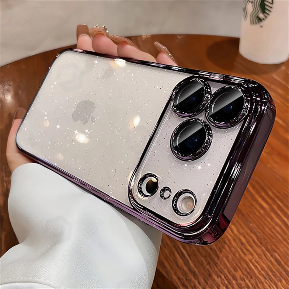 Luxury Transparent Glitter Clear Slim Case For iPhone 12 13 14 Plus 15 16 17 Pro Max Orange Pating Bumper Lens Glass Hard Cover