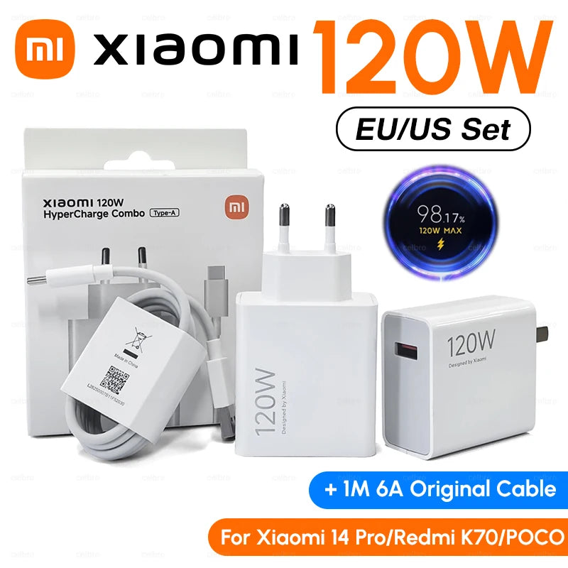 xiaomi 120W Super Fast Charger 100W Turbo Hyper Charge Adapter Mi 17 15 14 13 11T Ultra Pro Redmi 12C Note 14 POCO F6 F7 X7 Pro Car Mobile World