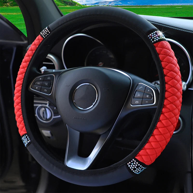 Universal 37-38cm PU Leather Bling Car Steering Wheel Cover Rhinestone Elastic Steering-Wheel Covers Auto Interior Accessorie
