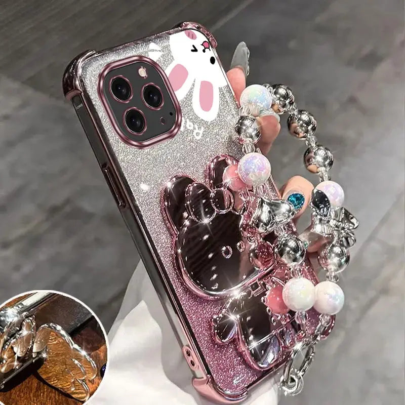 Airbag Glitter Mirror Rabbit Phone Holder Case On For iPhone 16 15 14 13 12 11 Xs Pro Max Mini X XR Plus Anti-knock Stand Cover