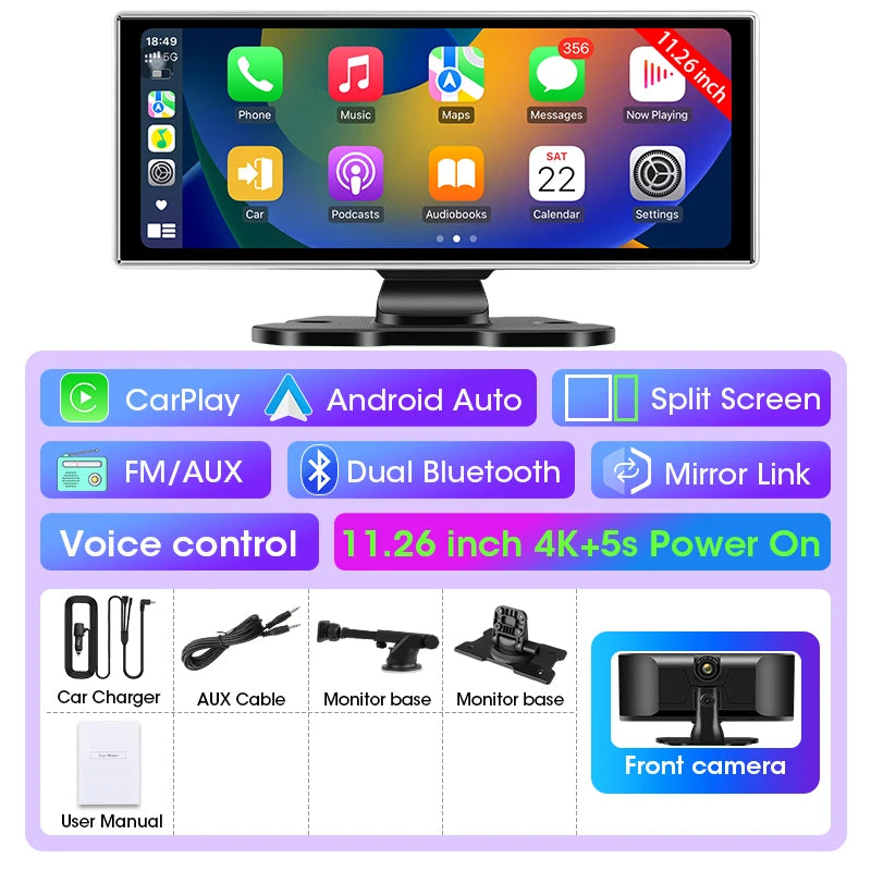 10/11.26 inch Dash Cam 4K Car DVR Wireless Carplay & Android Auto GPS Navigation Video Recorder Dashboard Dual Lens Wifi FM AUX Car Mobile World