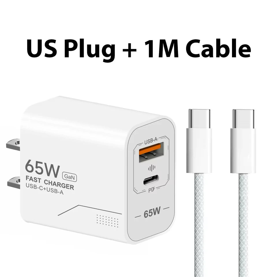 Lenovo 65W GaN USB C Charger 2-Port Fast Charging Phone Charger Power Adapter For iPhone Samsung Type C EU/US Plug Wall Charger