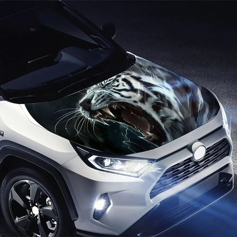 Bengal White Tiger Roaring Lightning Car Hood Wrap Color Vinyl Sticker Truck Graphic Bonnet Auto Accessories Decor Decal Gift