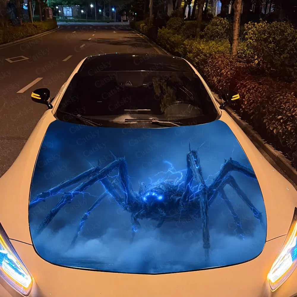 Blue Fluorescent Spider Car Vinyl Wrap - PVC Material,Durable And Stylish Bonnet Decal For Cars, Trucks, And SUVs,Car Stickers F