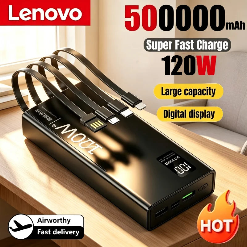 Lenovo 120W 500000mAh Power Bank Built in 4 Cables Large Capacity Fast Charging Portable External Battery for iPhone Samsung New