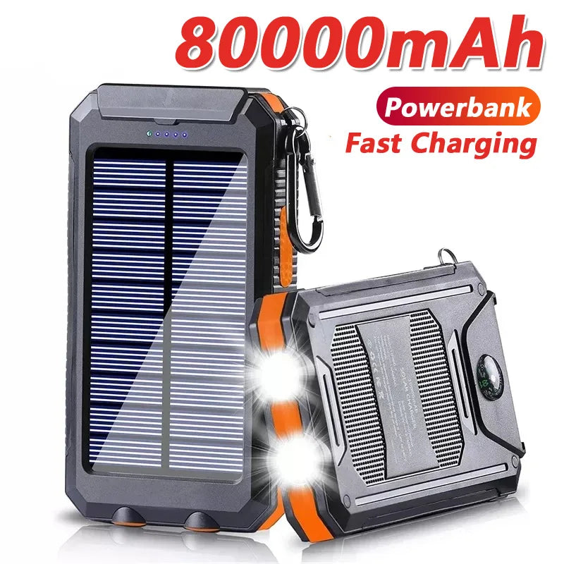 Solar Power Bank 80000mAh Portable Charging Poverbank External Battery Charger Strong Light LDE Light for All Smartphones Car Mobile World