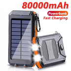 Solar Power Bank 80000mAh Portable Charging Poverbank External Battery Charger Strong Light LDE Light for All Smartphones Car Mobile World