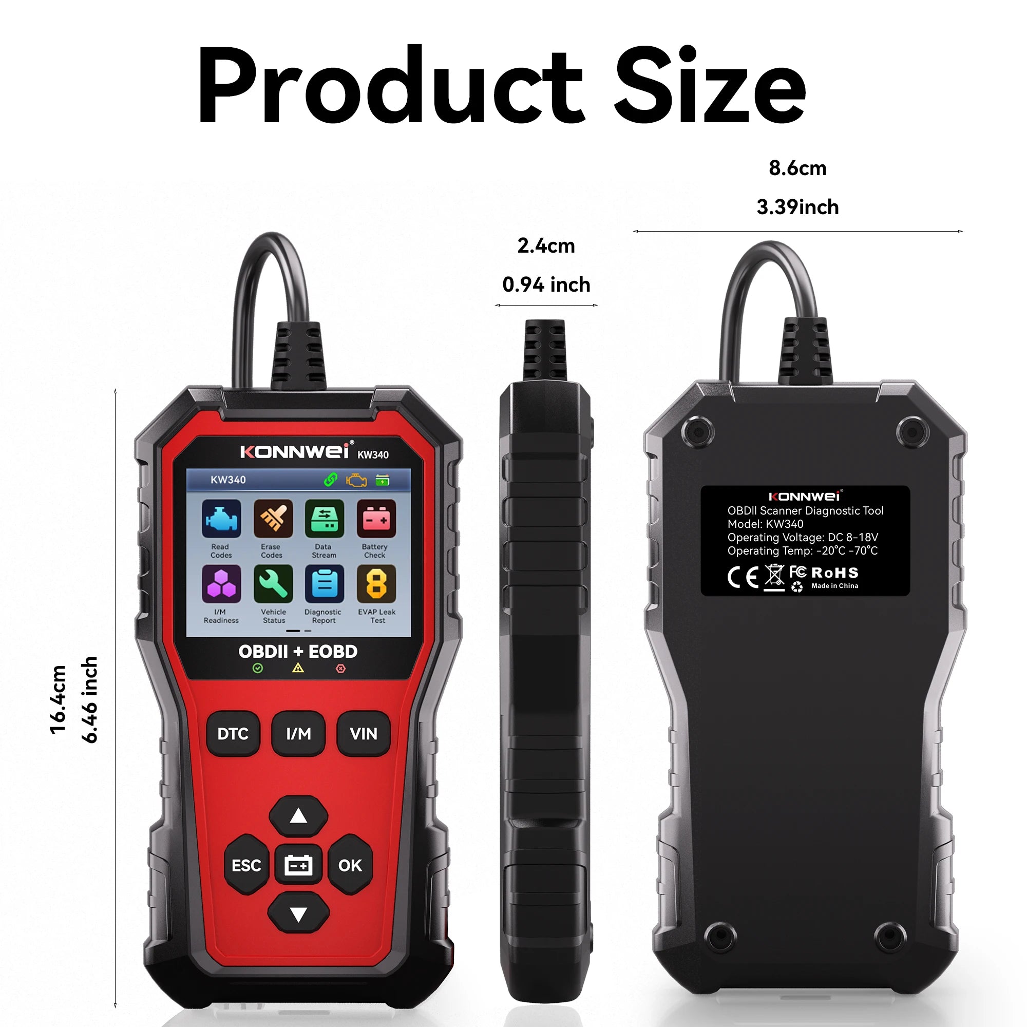 KONNWEI KW340 Car OBD2 Diagnostic Tool CAN EOBD 3in1 Engine Battery Test Read Clear Fault Code Real-Time Data O2 Inspection Tool CM World