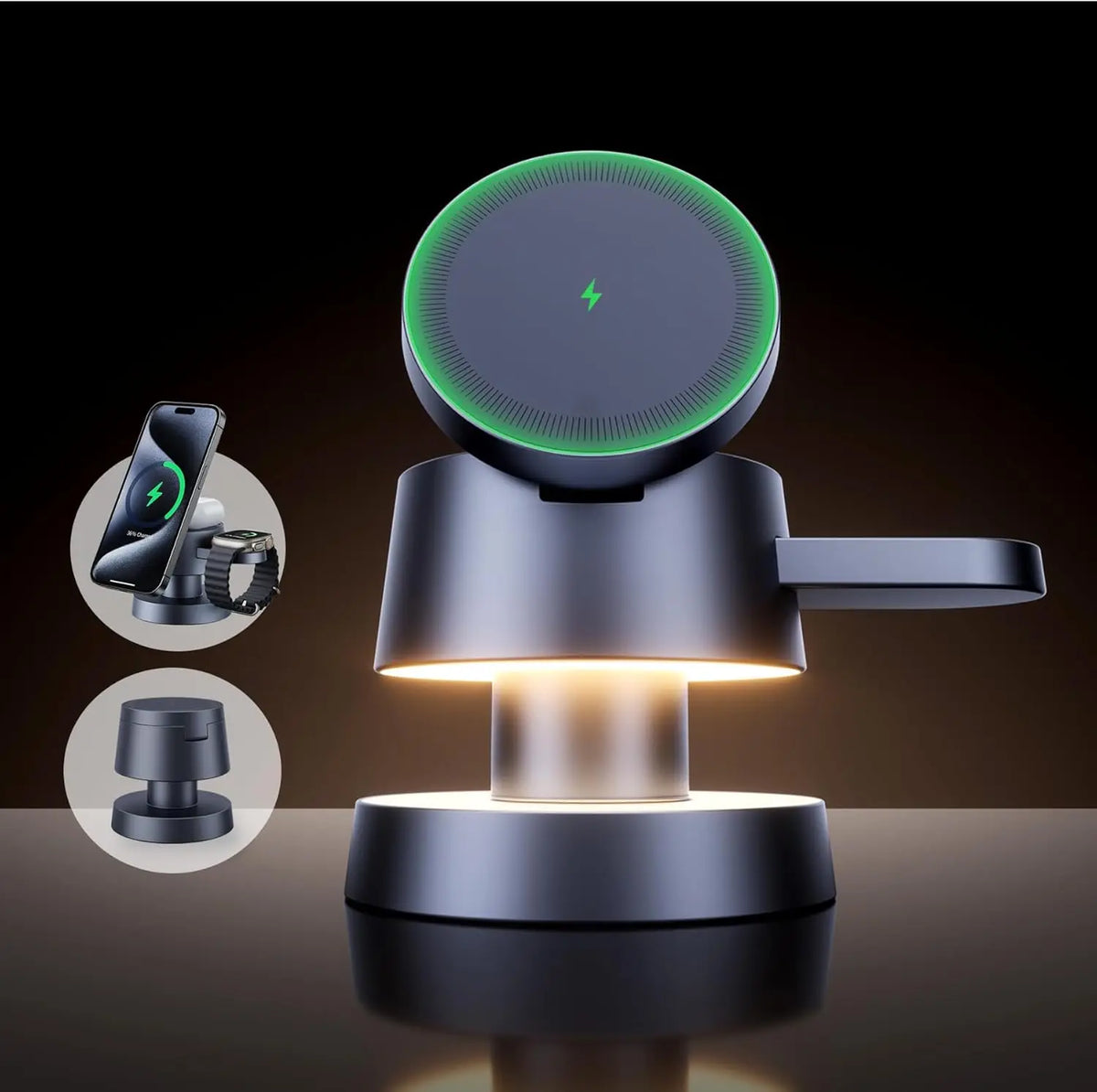 Magnetic Wireless Charging Station 15W Fast Charging Night Light Stand for iPhone Magsafe 17-12 MagSafe, Apple Watch, AirPods