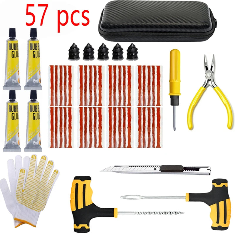 Portable Car Tire Puncture Repair Kit T-Handle Tools Glue Strips Universal for Truck Motorcycle RV Roadside Safety