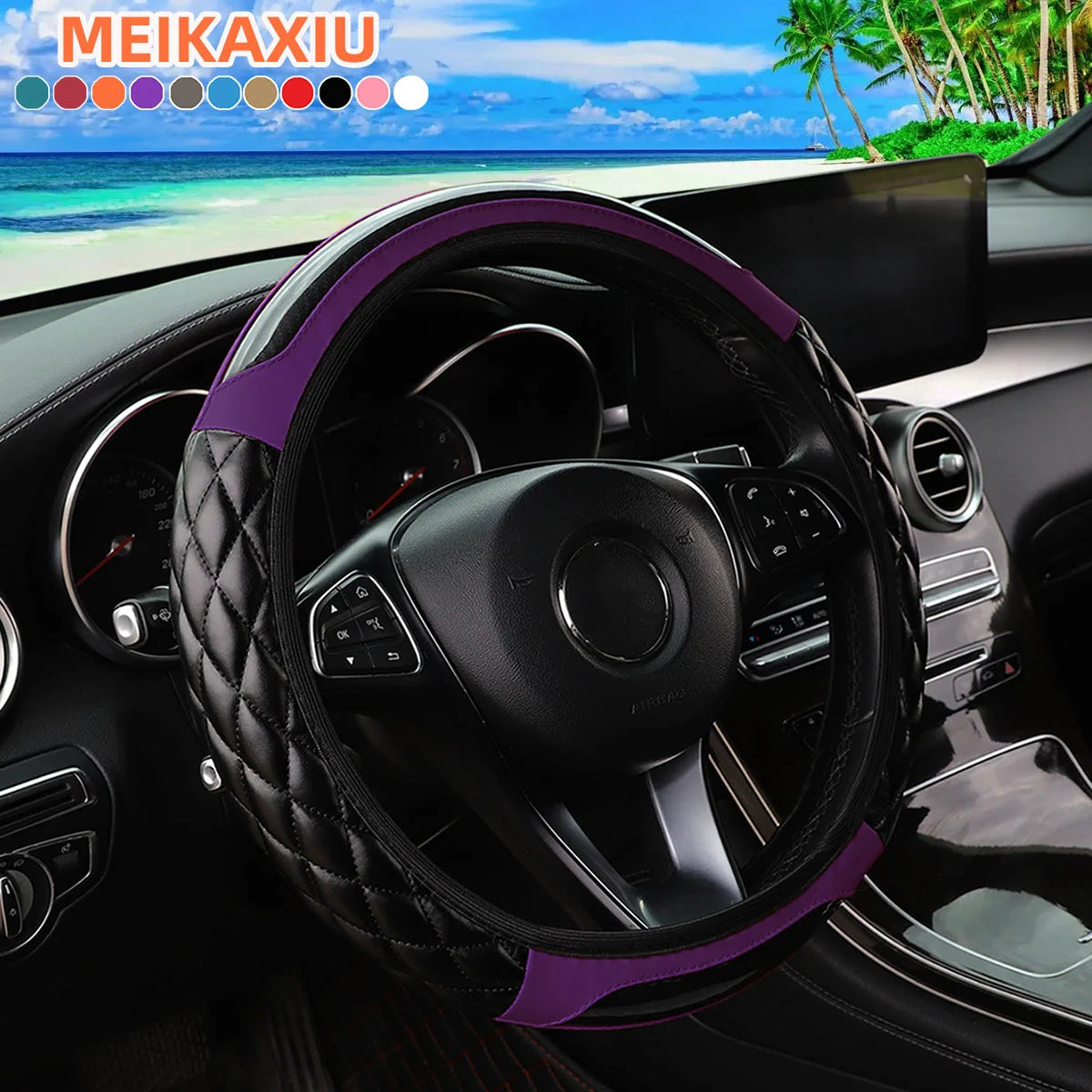 PU Soft Leather Crystal Carbon Fiber Embroidered Car Rimless Steering Wheel Cover for 14.5 - 15 Inch Car Interiors