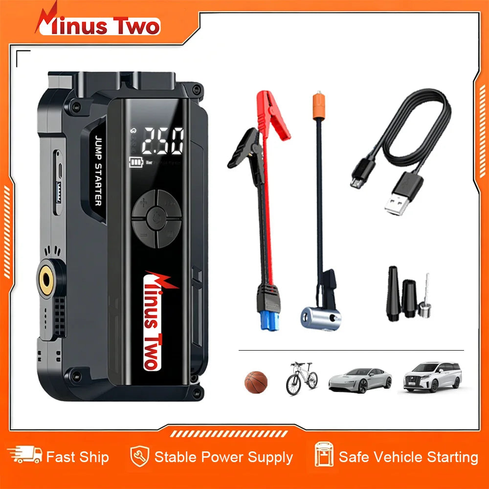 Car Jump Starter with Air Compressor, 8000mAh Battery Booster Power Bank 12V Petrol Diesel Car Emergency Kit with LED Light