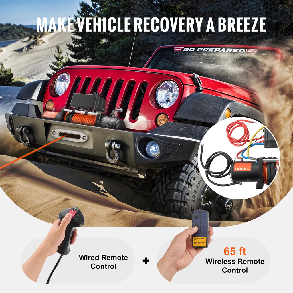 SucceBuy 13500lbs Electric Winch with 3/8in 80ft Synthetic Rope Wireless Truck Winch IP55 Waterproof for Towing Road SUV Jeep CM World