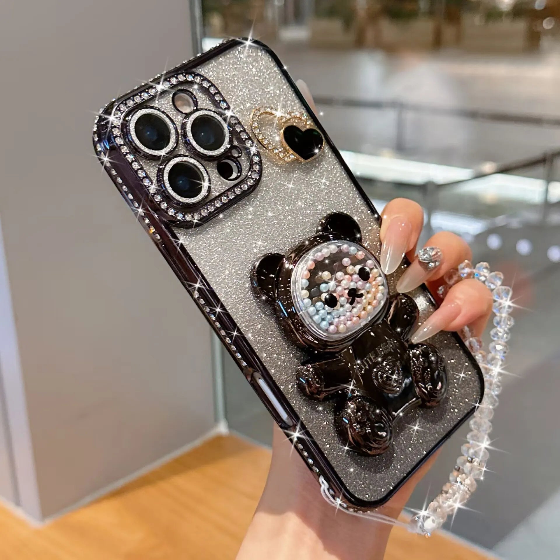 Colorful bead bear stand shiny cardstock electroplated soft case suitable for iPhone17 16 14 15 13 12 11 phone cases bead chain