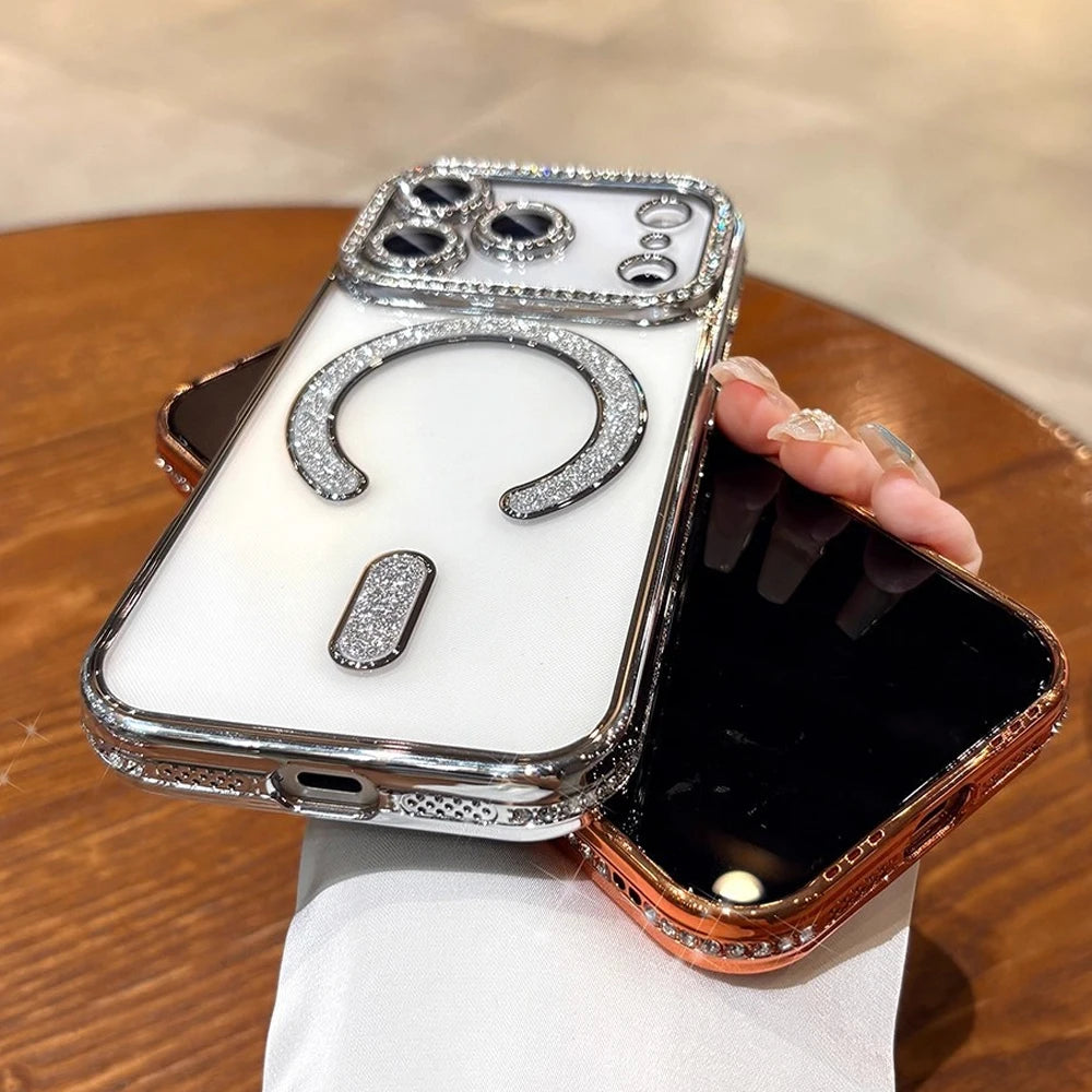Plating Glitter Rhinestone Diamond Magnetic Phone Case For iPhone 17 Pro Max Air 17Pro For Magsafe Wireless Charging Clear Cover