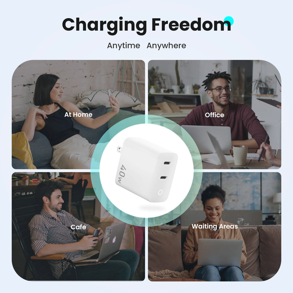 40W 2 Ports USB-C Type-C GaN Fast Charger with Charging Light, Fast Charging Block with 3.3Ft Type-C Charging Cable For IPhone Car Mobile World