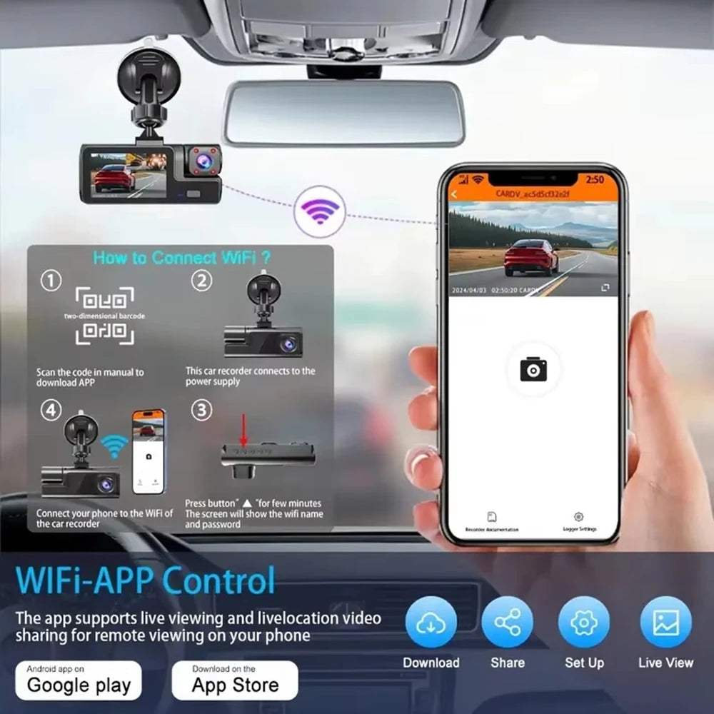 WIFI 3 Channel Dash Cam for Car 1080P Video Recorder 3/2Lens Dashcam Car DVR Front and Rear View Camera Black Box Car Accessory Car Mobile World