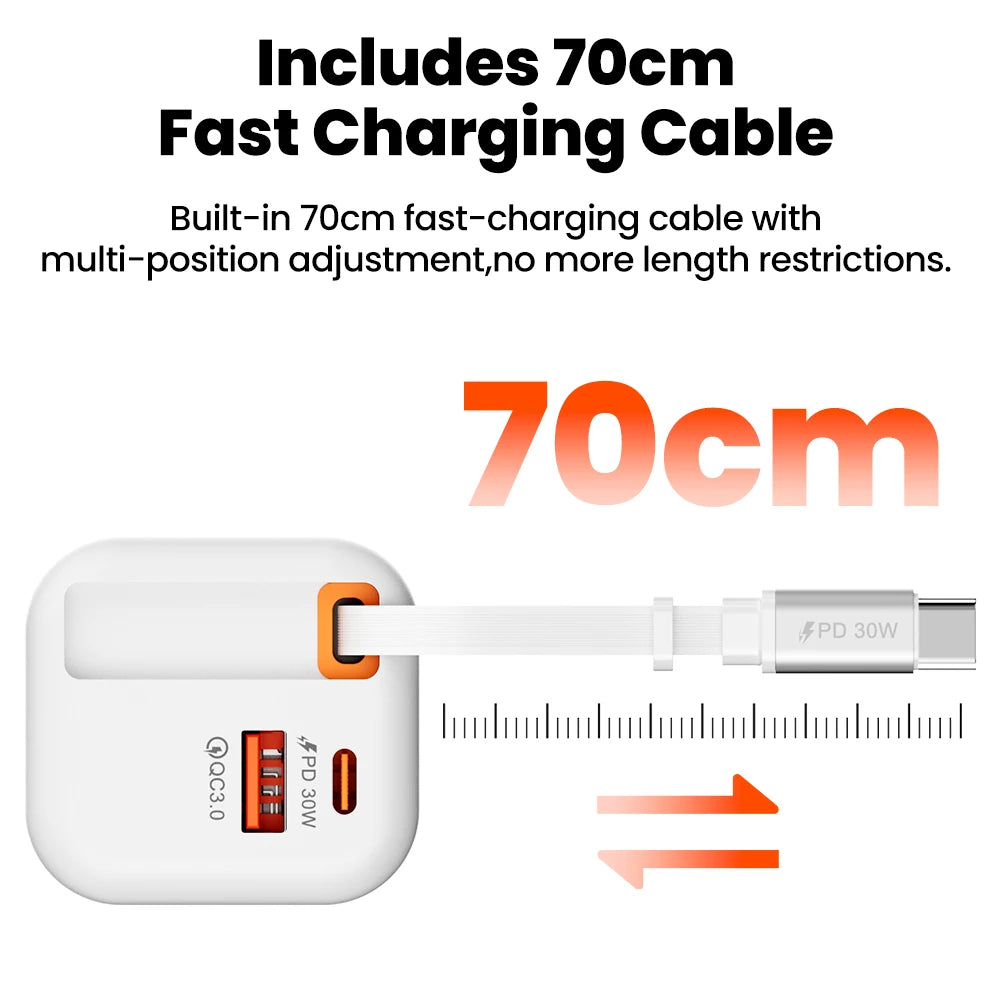 65W Fast Charger With Retractable USB C Cable 2 Ports USB Type C Charger PD Quick Charge 3.0 Phone Chargers For iphone Android Car Mobile World