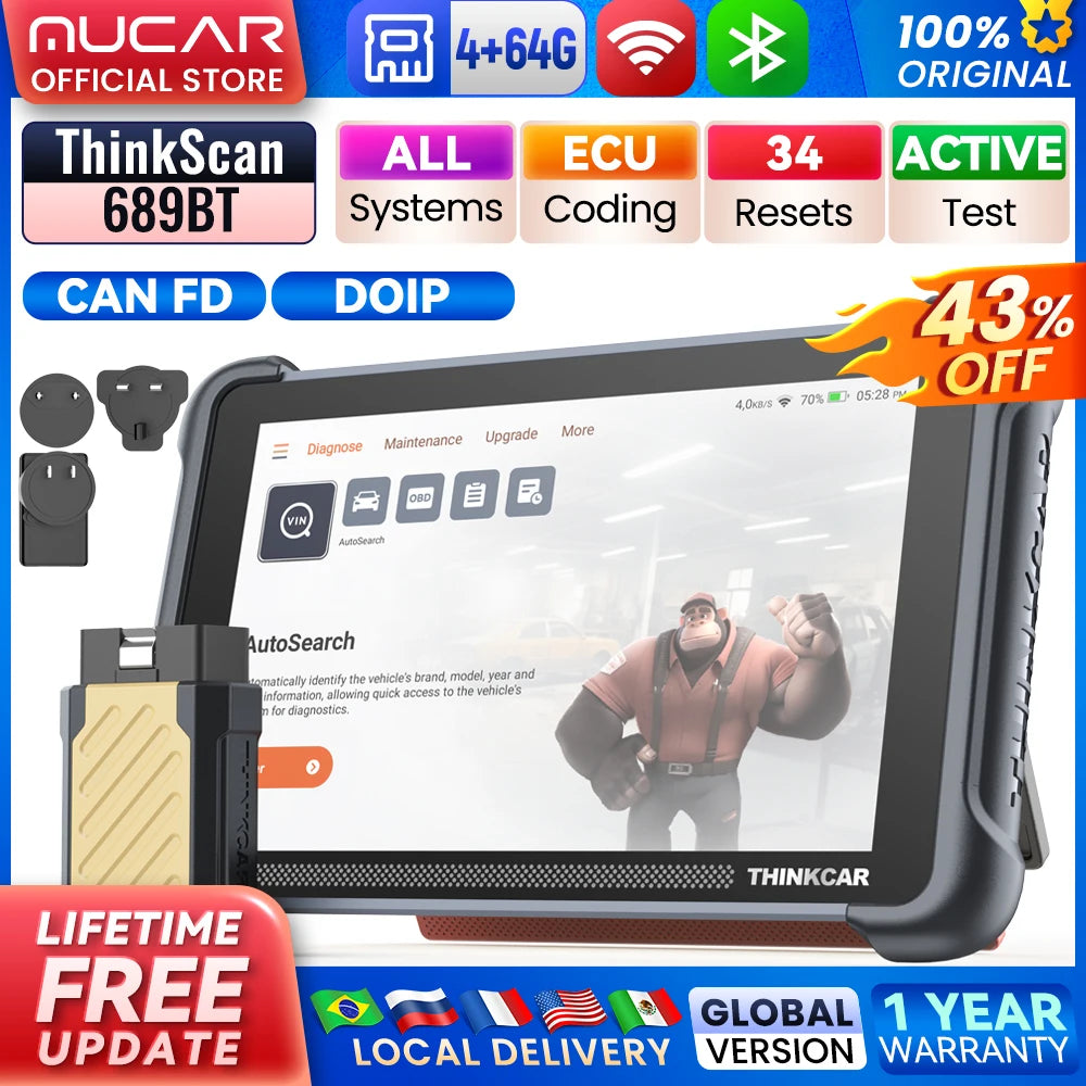 THINKCAR THINKSCAN 689BT All System Car Diagnostic Tool ActiveTest ECU Coding OBD2 Scanner 34 Services CAN FD DoIP Scan Tool Car Mobile World