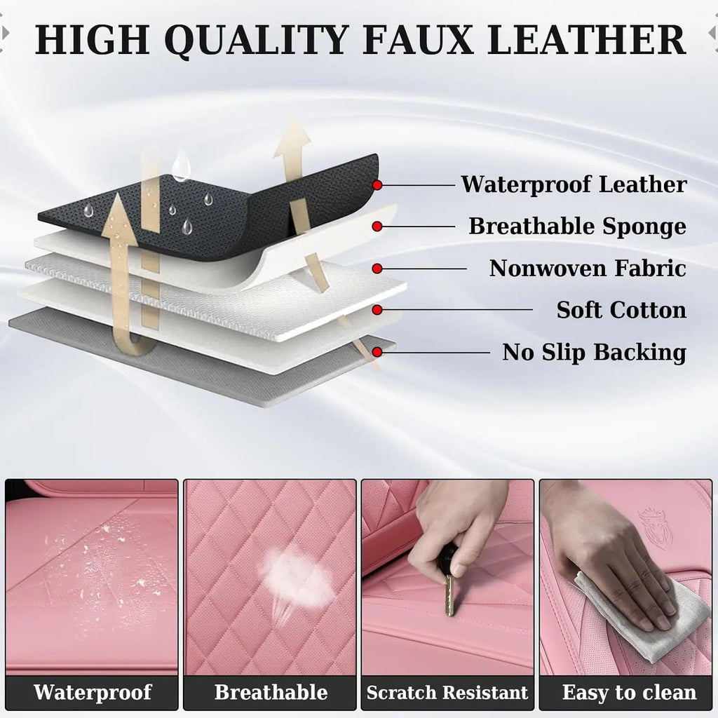 Pink Leather Car Seat Covers Full Set, Universal Waterproof Protector for Most Cars CM World