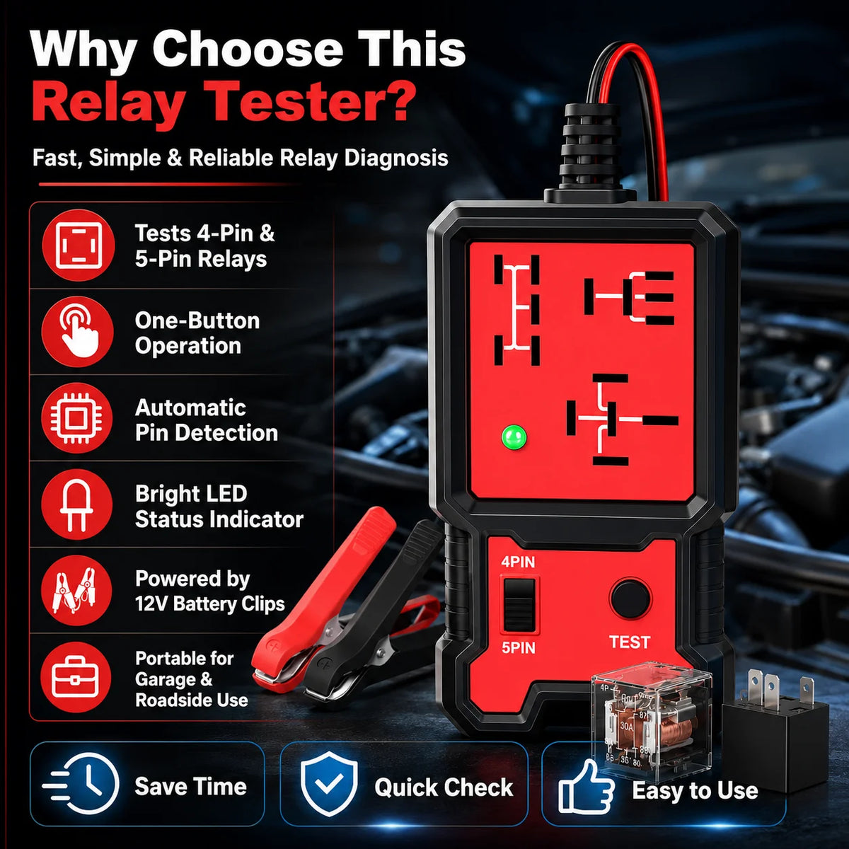 2026 Newest Red Relay Tester 12V Universal Automotive Relay Detector Electronic Car Circuit Tester Battery Checker Auto Repair D
