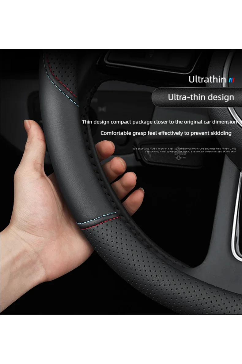 Ultra-Thin Full Leather Car Steering Wheel Cover Non-Slip round Breathable All Seasons Auto Wheel Protector