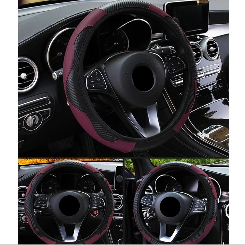 Car accessories Carbon Fiber PU Leather Steering Wheel Cover for Hyundai I10 Peugeot 2008 Dacia Sandero Stepway CM World