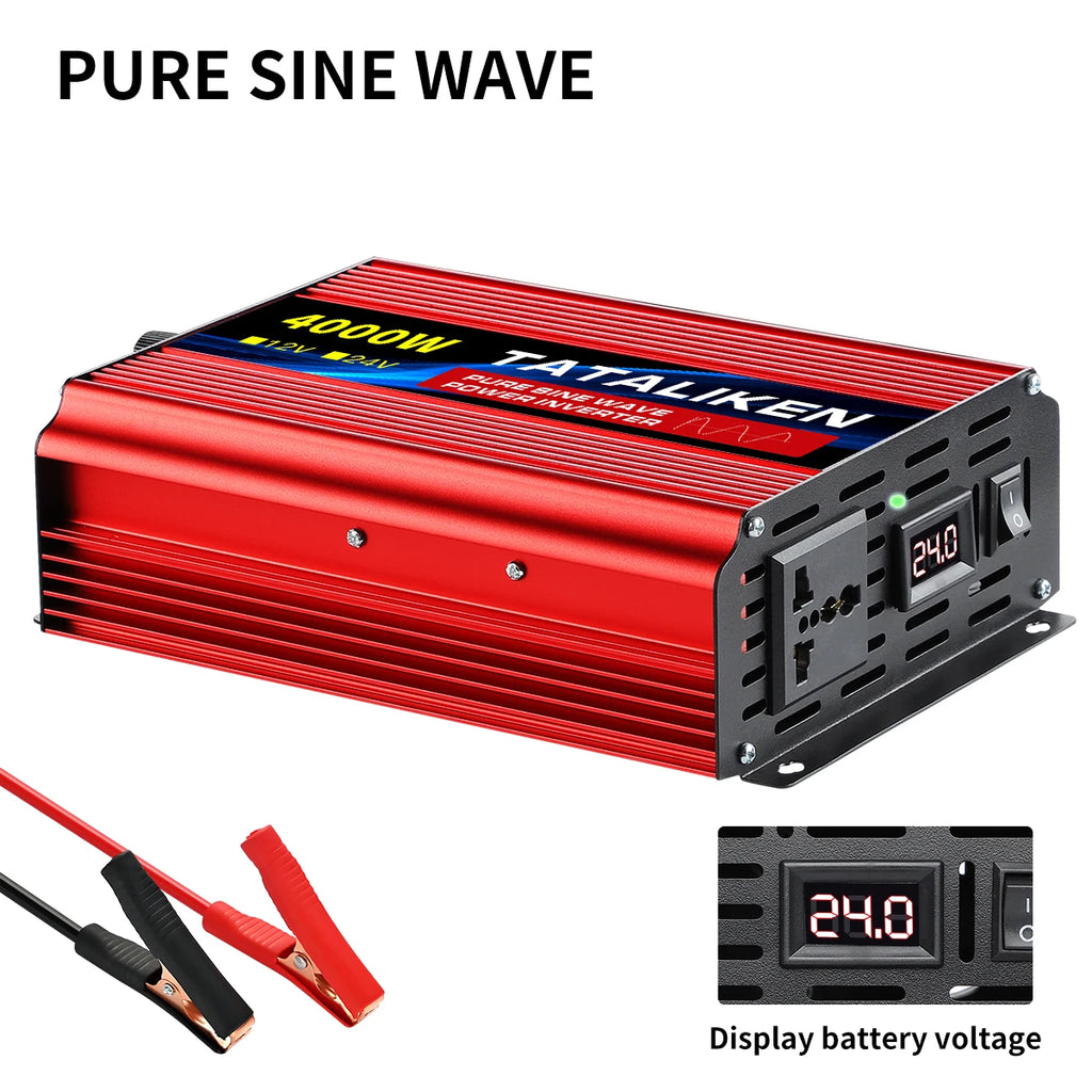 Pure Sine Wave Inverter 1000W-4000W DC 12V and 24V to AC 220V 50hz Power Inverter Charger  Adapter Universal Socket CM World