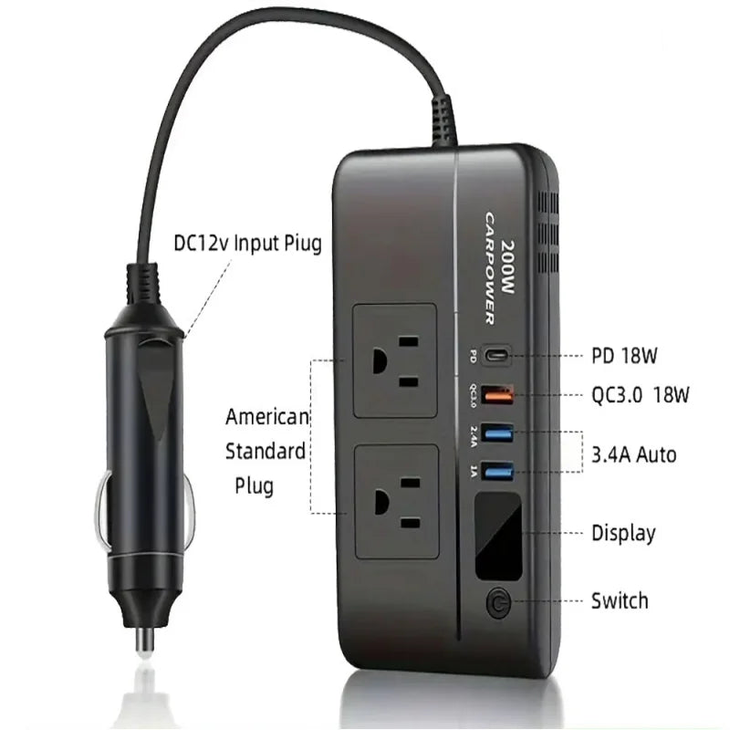 200W car inverter, DC 12V to 110V AC car power inverter with USB Type -C Used for computer,cars and trucks (black) CM World
